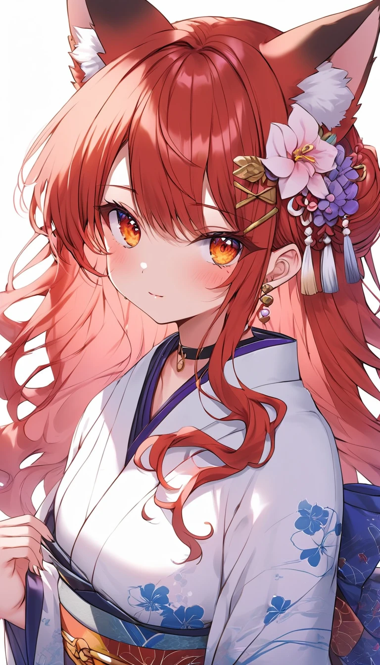 score_9, score_8_superior, score_7_superior, score_6_superior,a pretty asain woman with red hair and orange eyes in the anime stylized world, 1girl, solo, animal ears, japanese clothes, long hair, red hair, hair ornament, flower, hair flower, kimono, looking at viewer, fox ears, tail, obi, sash, white kimono, long sleeves, fox girl, closed mouth
