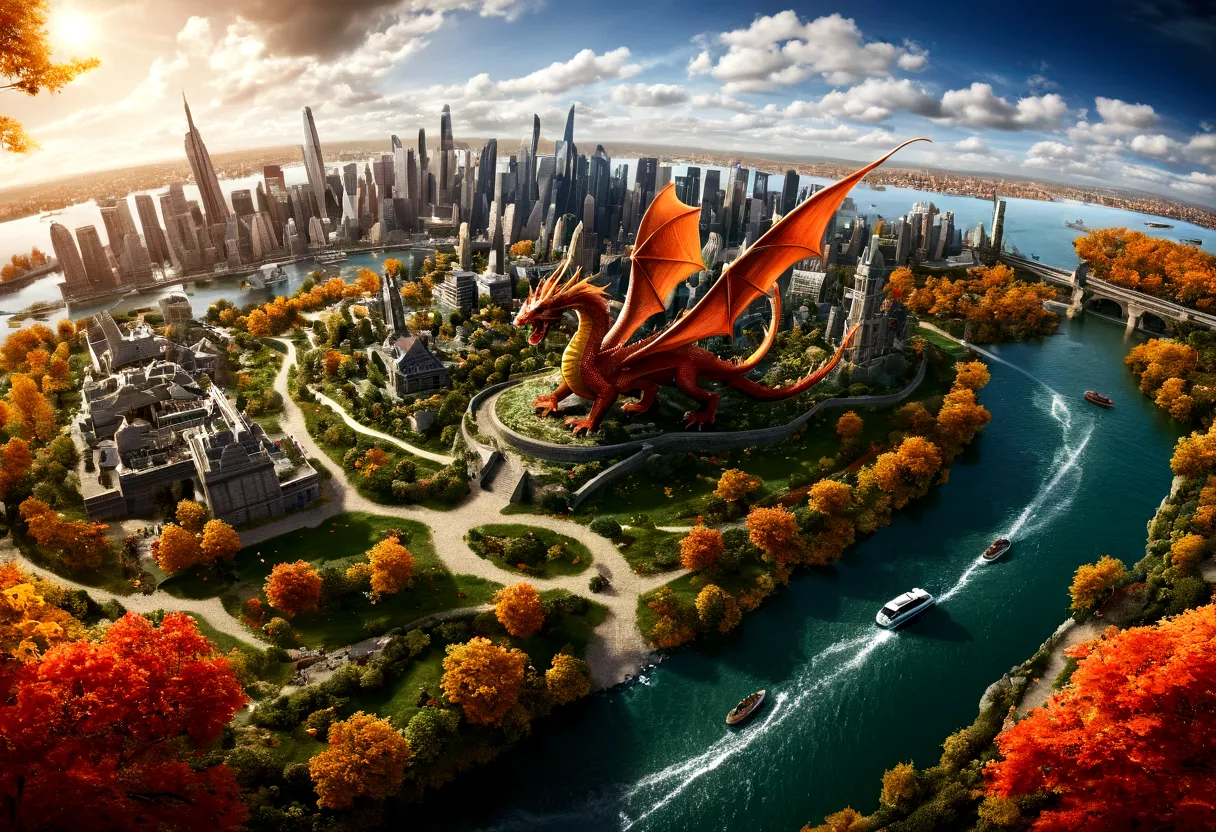 ((picture taken  from above the dragon: 1.5)), arafed, a picture of a dragon flying above a modern city, modern city is laid und...