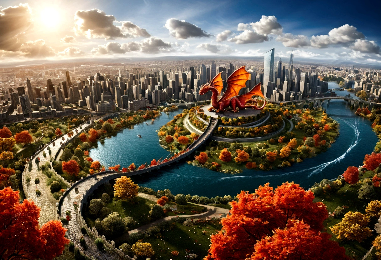 ((picture taken  from above the dragon: 1.5)), arafed, a picture of a dragon flying above a modern city, modern city is laid underneath, there is river beneath the dragon, its shadow is cast on the water dragon wings spread wide, dynamic color dragon, you see the back of the dragon, its majestic wings, its tail and the city and river it is flying above, , panoramic view (Masterpiece, intense details: 1.5) , Wide-Angle, Ultra-Wide Angle, dynamic light, Cinematic Hollywood Film style