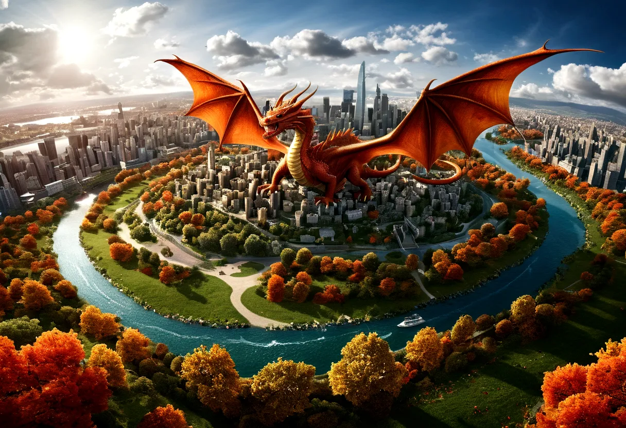 ((picture taken  from above the dragon: 1.5)), arafed, a picture of a dragon flying above a modern city, modern city is laid und...