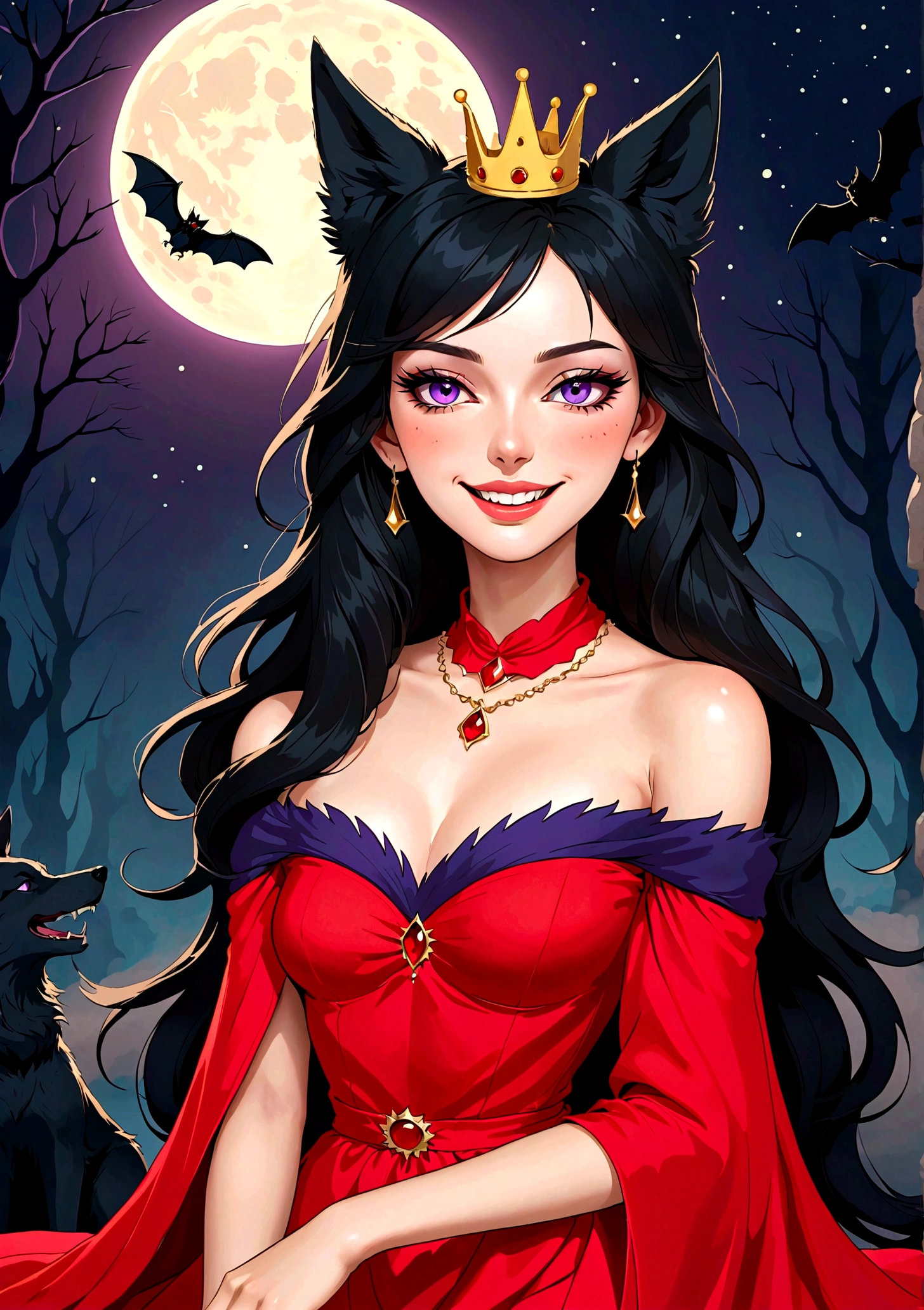 Vector，flat，Simple and smooth lines，A beautiful illustration：Big Bad Wolf:1.37.Beautiful girl sitting elegantly，(((She has a beauty spot:1.37)))，Purple Eyes，Delicate lashes，Smile，Smooth skin，Long black hair，Wolf ears， Small Crown，High-neck off-shoulder red dress，Long legs。温顺的Big Bad Wolf。Correct human anatomy，moonlight，bat