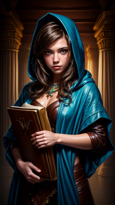 speed painting of portrait of a fantasy female brunette human adventurer, with a blue hood, in a temple, d&d character, holding ...