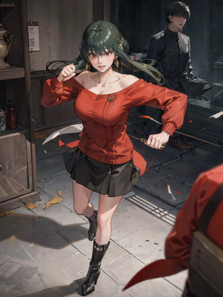 Action pose, Battle Scenes:1.5, (Yor Forger), Red eyes, Black Skirt, red off shoulder sweater, (Big Breasts), morning, ((Fighting a brown-haired man in a suit)), Aegean townscape in the morning, Wearing boots, Angry expression,:1.5 Attack Speed, Fast Attack, ((Angry expression,:1.5)), Angry face
