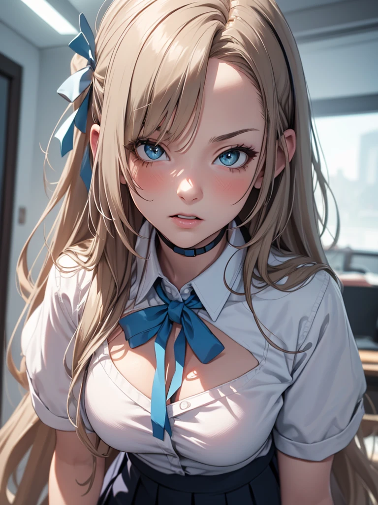 a beautiful cute anime girl, 1girl, atsuna inosee, gyaru, pleated skirt, angry expression, blush:1.3, white shirt, , detailed face, beautiful detailed eyes, beautiful detailed lips, extremely detailed eyes and face, long eyelashes, dynamic pose, (best quality,4k,8k,highres,masterpiece:1.2),ultra-detailed,(realistic,photorealistic,photo-realistic:1.37),vivid colors,professional,studio lighting