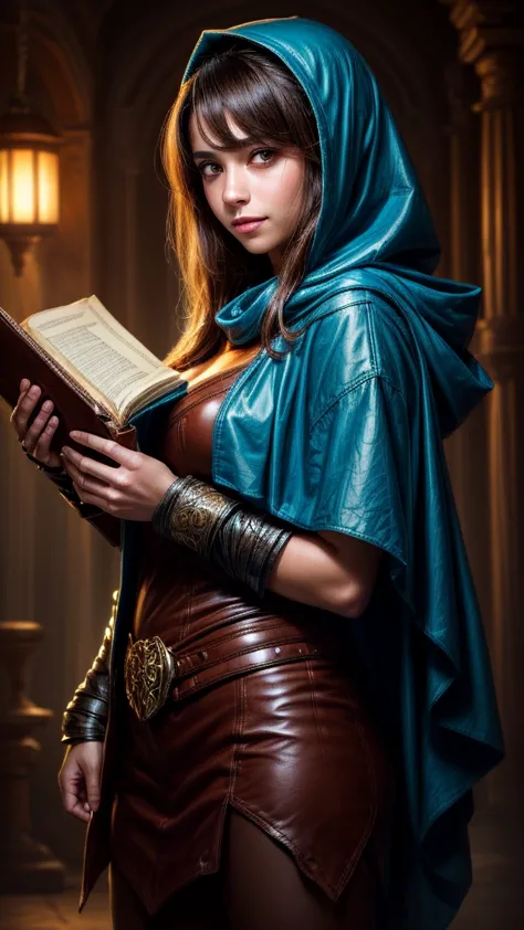 speed painting of portrait of a fantasy female brunette human adventurer, with a blue hood, in a temple, d&d character, holding ...