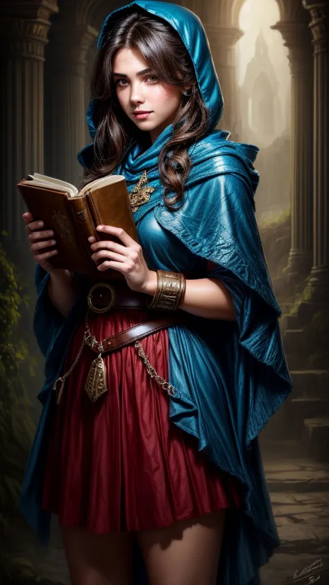 speed painting of portrait of a fantasy female brunette human adventurer, with a blue hood, in a temple, d&d character, holding ...