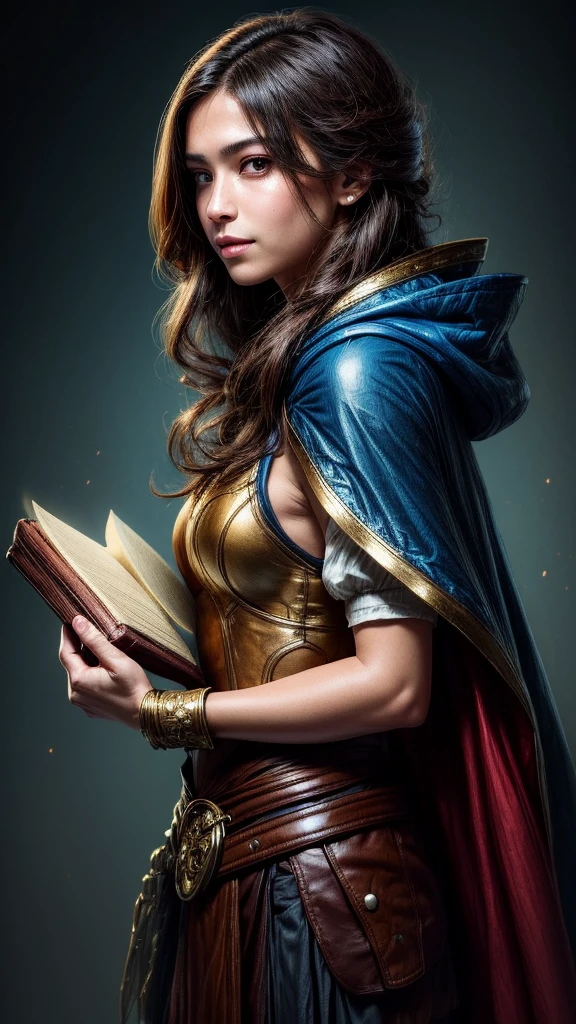 Speed painting of portrait of a fantasy female brunette human adventurer, with a blue hood, in a temple, D&D character, holding a large leather bound magical book with butterfly on the book cover, slight smile