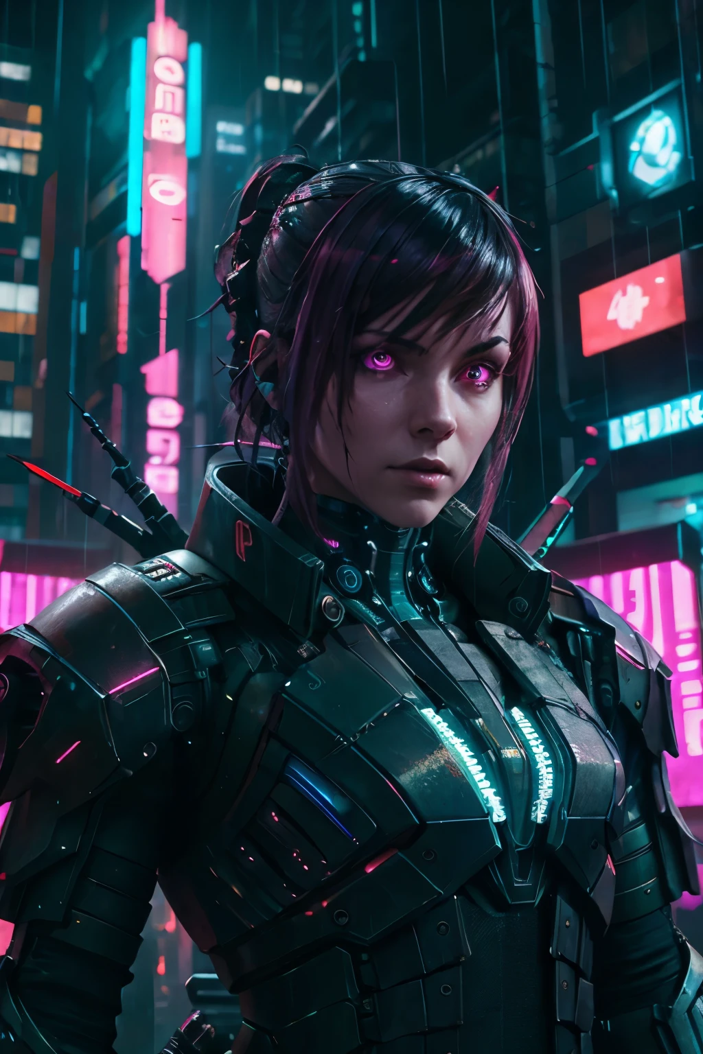 a cyberpunk orc in the street, sehr detailliert, filmische Beleuchtung, Hyperrealistisch, unwirkliche Engine, 8k, ultra-detailliert, scharfer Fokus, physikalisch basiertes Rendering, äußerst detaillierte Beschreibung, Fachmann, lebendige Farben, dynamische pose, glühende Augen, futuristische kybernetische Implantate, Neonstadthintergrund, regnerische Atmosphäre, stimmungsvolle Farben