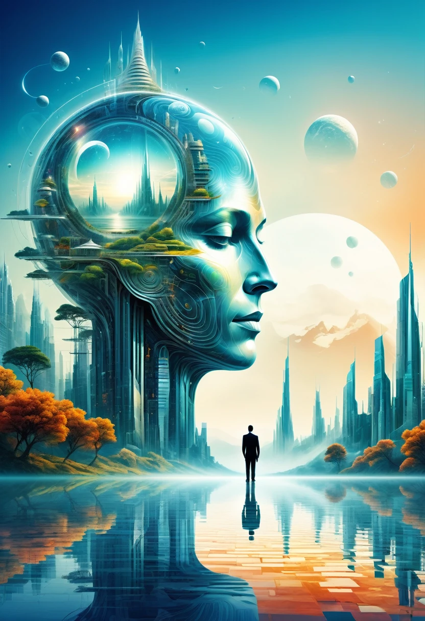 Dubrec style，Transparent figure back，Vision of the future utopian world image，（Multiple Exposure：1.8），Intricate illustration in surreal art style，surreal dreamscape，Future utopian world dream