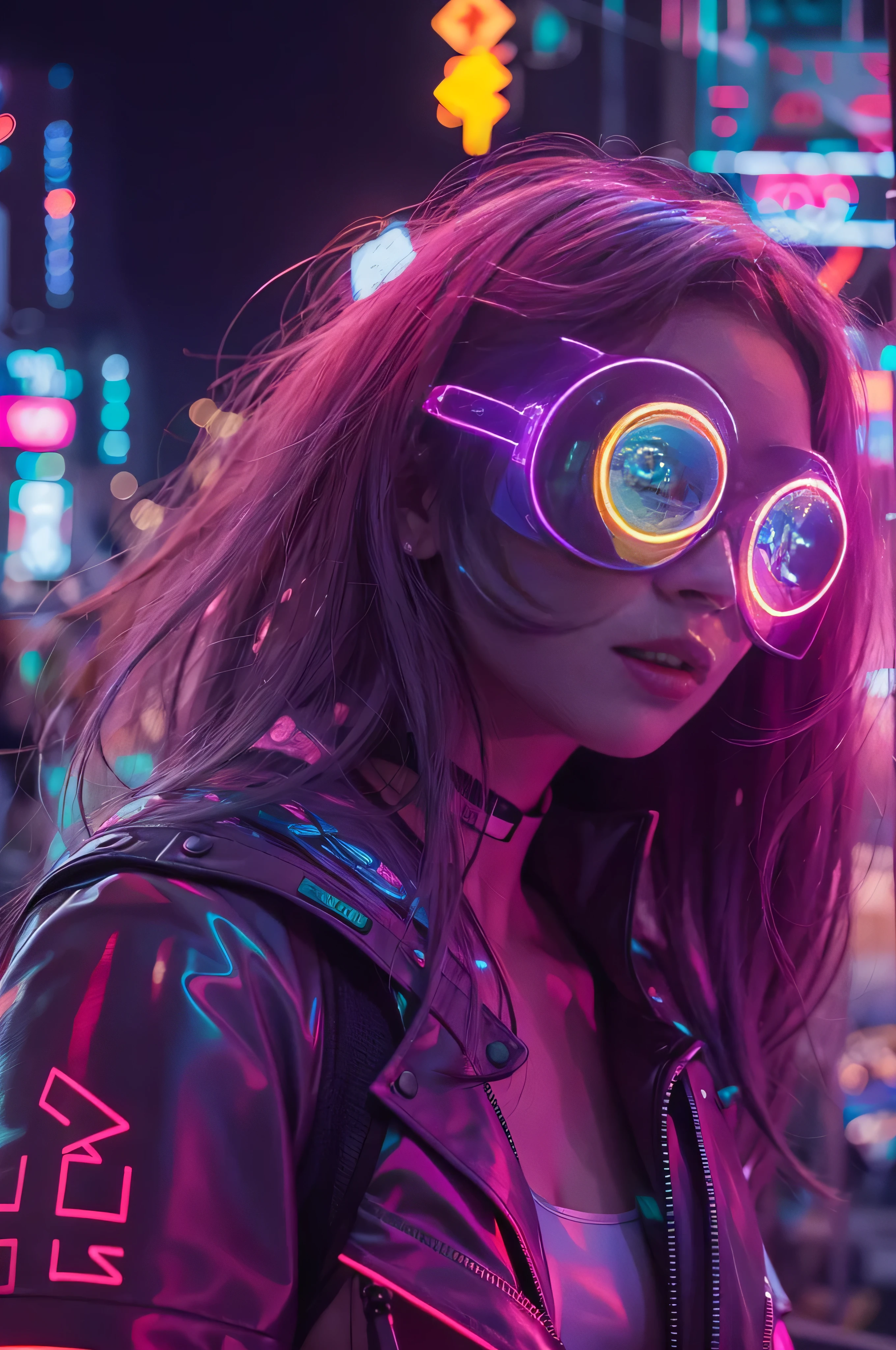 Tabletop, A dystopian city with neon signs and holograms projected onto the buildings and sky, Slim beautiful woman, Surrounded by neon-lit streets, Written boundary depth, Beautiful woman with slim figure, Tight Clothes Holographic, Healthy girl, Strong lighting in bodysuit, Hourglass Shape, High contrast clothing, Holographic clothing, (Walking towards the camera), (Look into the viewer&#39;s eyes), lipstick, Yellow Virtual Reality Glasses, Long red straight hair, night, Cyberpunk aesthetic, Highly detailed lighting, dramatic, In 8K, High detail, Skin Texture, Realistic Skin texture, armor, highest quality, High resolution, Photorealistic, Cocktail, Whole cake with fireworks stuck in it,