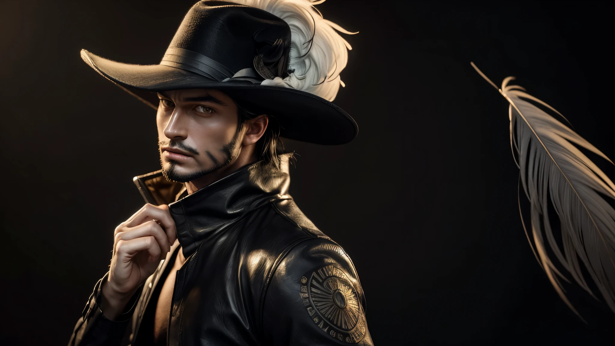 masterpiece, best quality, extremely detailed, hyperrealistic, photorealistic, a cool 40s man, ultra detailed face:1.2, black hat with feathers, black background:1.1, medium shot, dynamic pose