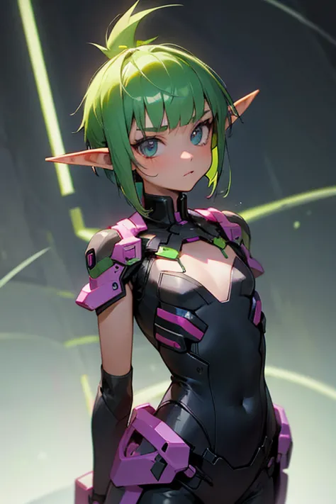 10 year old girl, elf,agedown, flat chest, neon green mohawk haircut