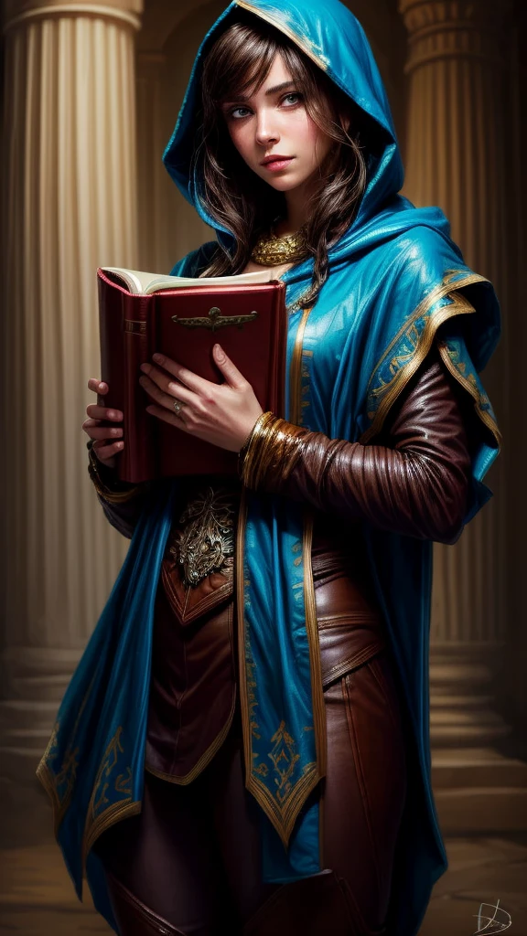 Speed painting of portrait of a fantasy female brunette human adventurer, with a blue hood, in a temple, D&D character, holding a large purple leather bound book with a butterfly on the book cover, late twenties 