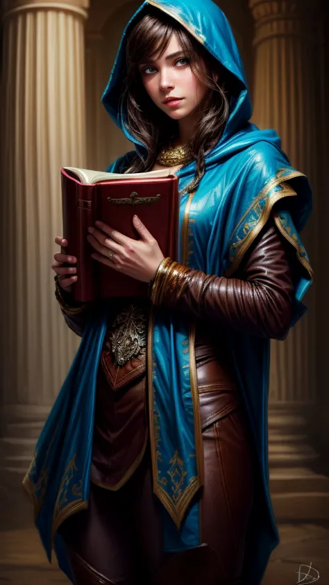 speed painting of portrait of a fantasy female brunette human adventurer, with a blue hood, in a temple, d&d character, holding ...