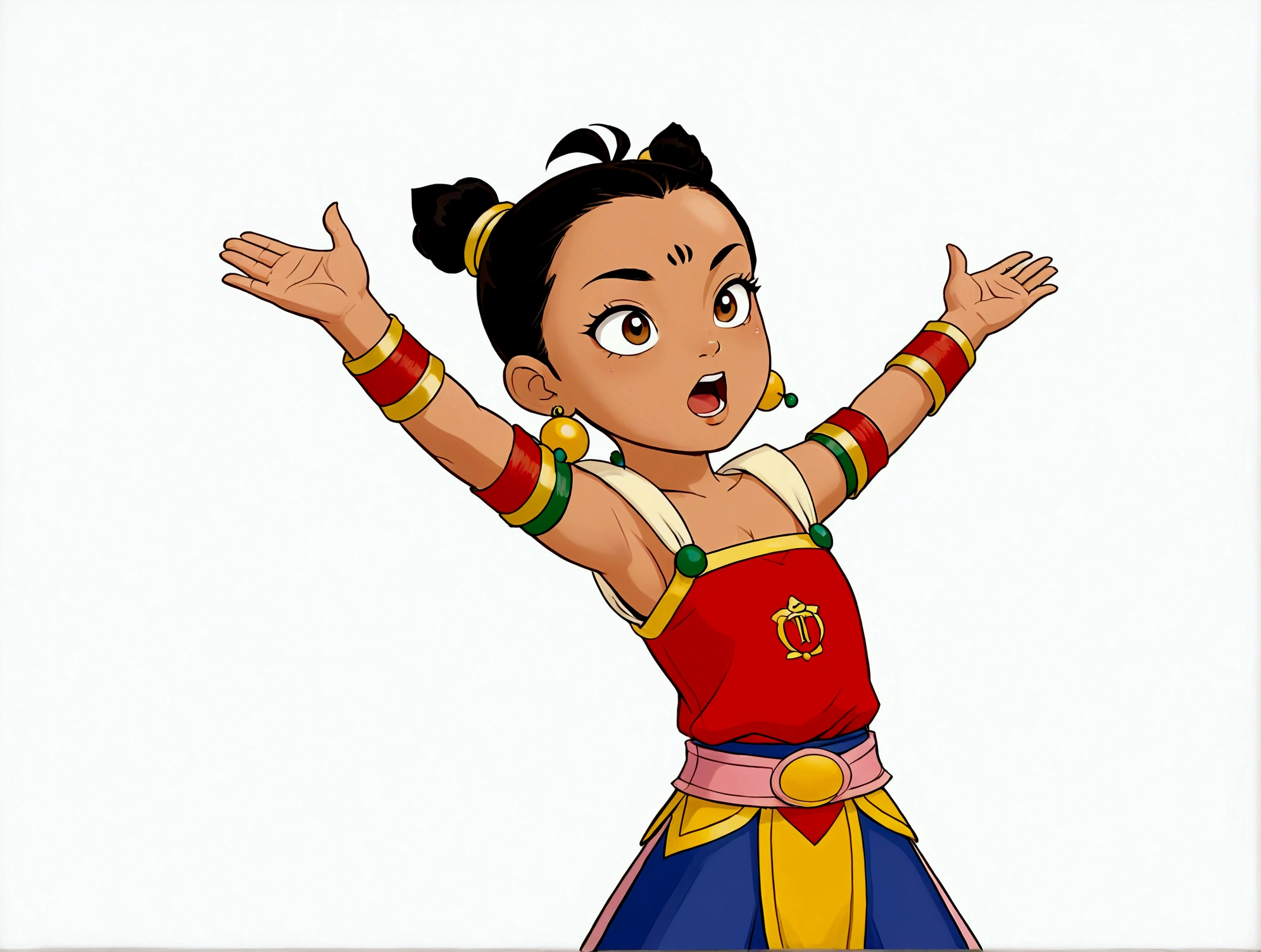 1boy，Cartoon Characters，Double bun，Yellow edge red bellyband，Simple pattern，Blue pants，Lotus skirt，arm，Black eyes，earrings，open mouth，solo