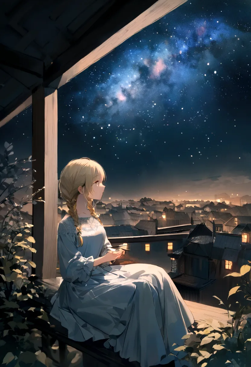 A blonde girl with two braids with black ribbons braided in them and a white dress sits on the roof, A tall brunette in black sits next to her, Admiring the stars, starry sky, Pay attention to the texture of the skin and flowers，Sony FE 12-24mm F/2.8 gm，Im...