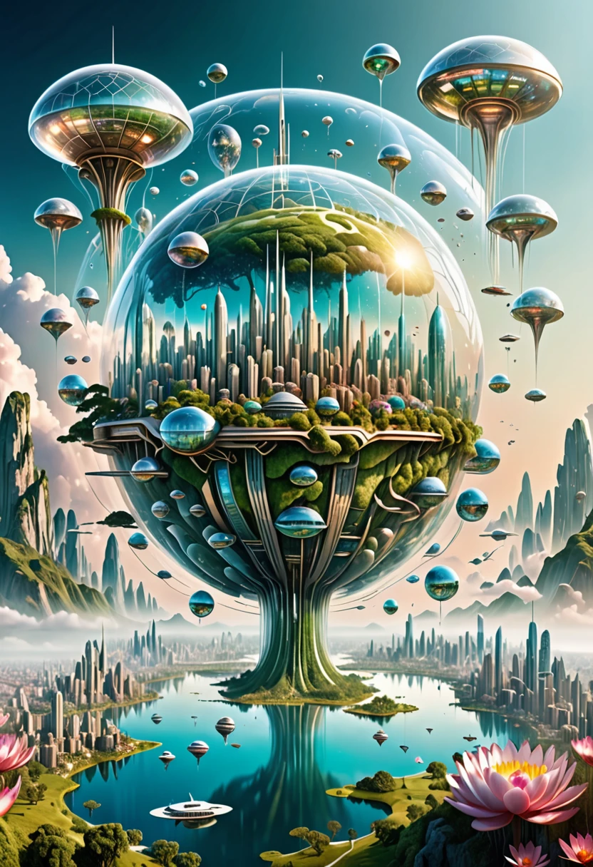 Transparent background，Visionary image of a future utopian world，（Multiple Exposure：1.8），Intricate illustration in surreal art style，surreal dreamscape，Future utopian world dream