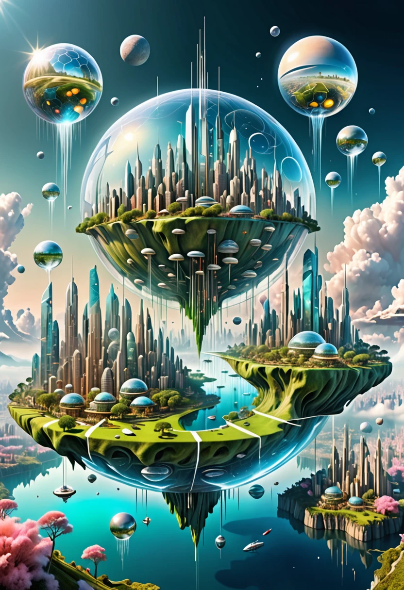 arrière-plan transparent，Image visionnaire d’un futur monde utopique，（Exposition multiple：1.8），Illustration complexe dans un style artistique surréaliste，paysage de rêve surréaliste，Futur rêve utopique d’un monde