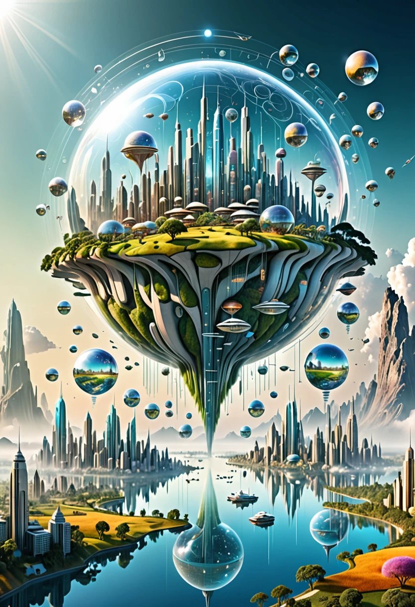 fundo transparente，Imagem visionária de um futuro mundo utópico，（Exposição múltipla：1.8），Ilustração complexa em estilo de arte surreal，paisagem de sonho surreal，Futuro sonho mundial utópico