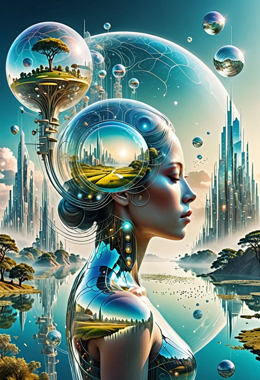 Estilo Dubrec，Figura transparente de volta，Visão da futura imagem mundial utópica，（Exposição múltipla：1.8），Ilustração complexa em estilo de arte surreal，paisagem de sonho surreal，Futuro sonho mundial utópico