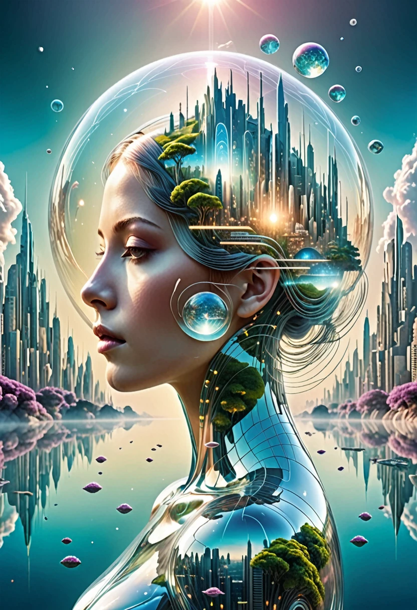 À la Dubréc，Dos transparent，Vision du futur image du monde utopique，（Exposition multiple：1.8），Illustration complexe dans un style artistique surréaliste，paysage de rêve surréaliste，Futur rêve utopique d’un monde