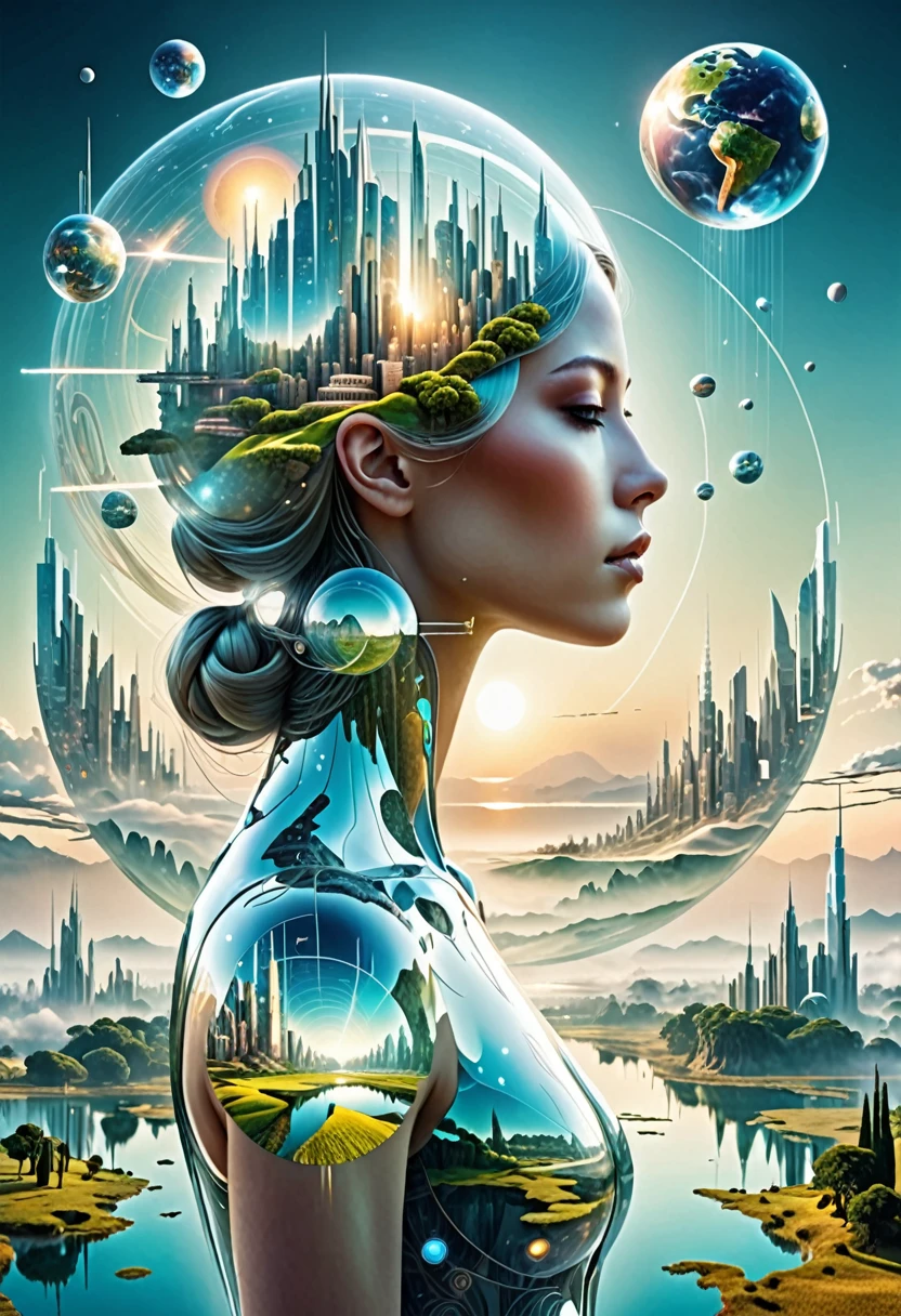 Estilo Dubrec，Figura transparente de volta，Visão da futura imagem mundial utópica，（Exposição múltipla：1.8），Ilustração complexa em estilo de arte surreal，paisagem de sonho surreal，Futuro sonho mundial utópico