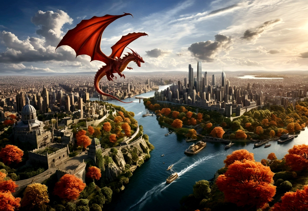 ((picture taken  from the back of dragon: 1.5)), arafed, a picture of a dragon flying above a modern city, modern city is laid underneath, there is river beneath the dragon, its shadow is cast on the water dragon wings spread wide, dynamic color dragon, you see the back of the dragon, its majestic wings, its tail and the city and river it is flying above, , panoramic view (Masterpiece, intense details: 1.5) , Wide-Angle, Ultra-Wide Angle, dynamic light, Cinematic Hollywood Film style