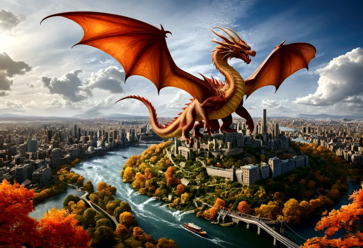 ((picture taken  from the back of dragon: 1.5)), arafed, a picture of a dragon flying above a modern city, modern city is laid u...