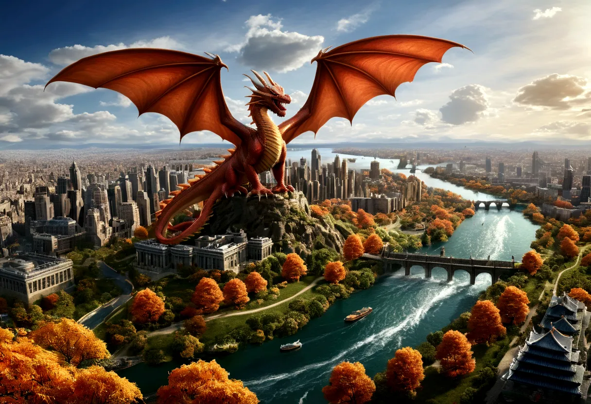 ((picture taken  from the back of dragon: 1.5)), arafed, a picture of a dragon flying above a modern city, modern city is laid u...