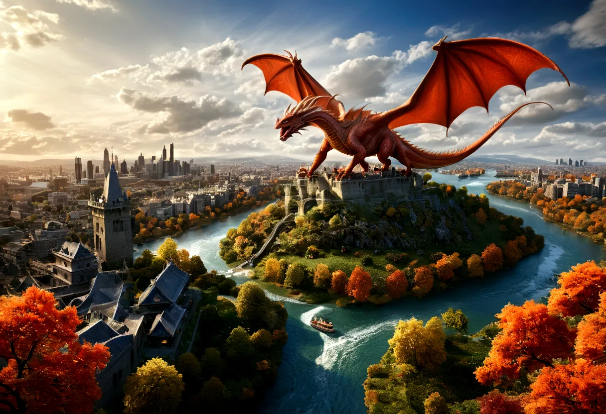 ((picture taken  from the back of dragon: 1.5)), arafed, a picture of a dragon flying above a modern city, modern city is laid u...