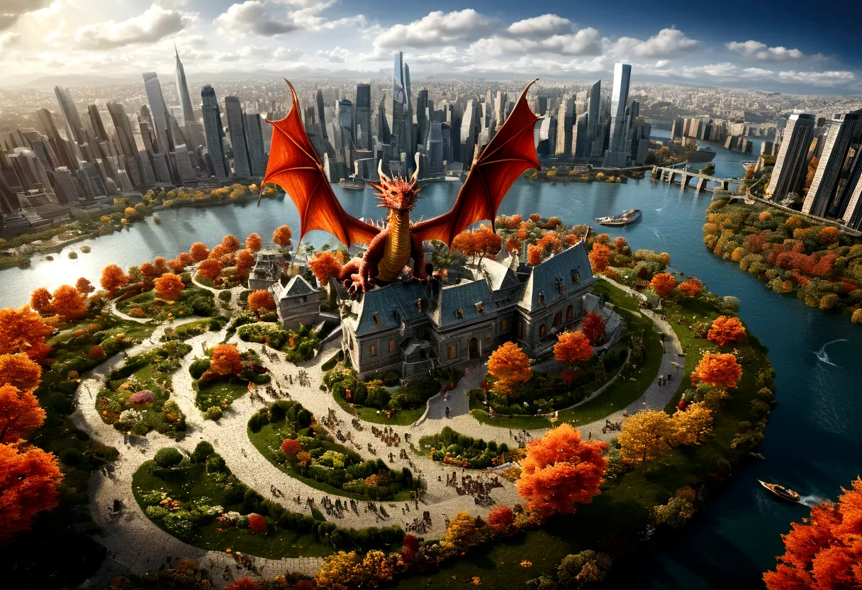 ((picture taken  from above the back of the dragon: 1.5)), arafed, a picture of a dragon flying above a modern city, modern city...