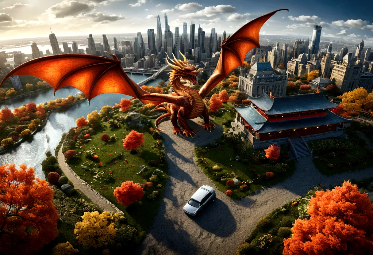 ((picture taken  from above the back of the dragon: 1.5)), arafed, a picture of a dragon flying above a modern city, modern city...