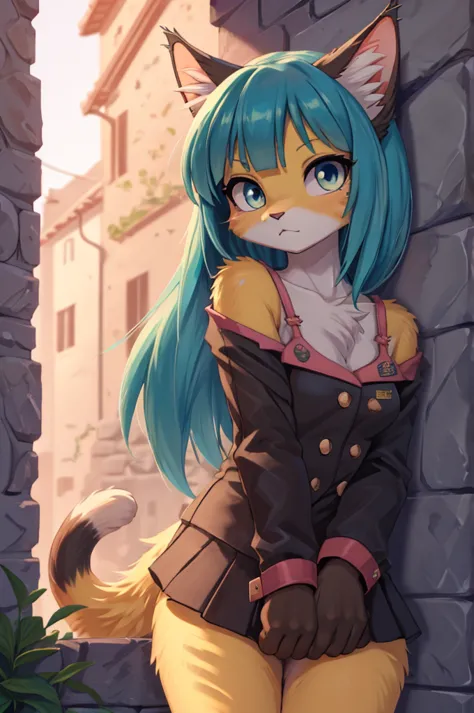 a woman with long blue hair and cat ears is standing in front of a stone wall, beautiful chica gata anime, muy hermosa chica gat...