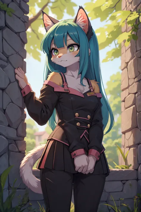 a woman with long blue hair and cat ears is standing in front of a stone wall, beautiful chica gata anime, muy hermosa chica gat...
