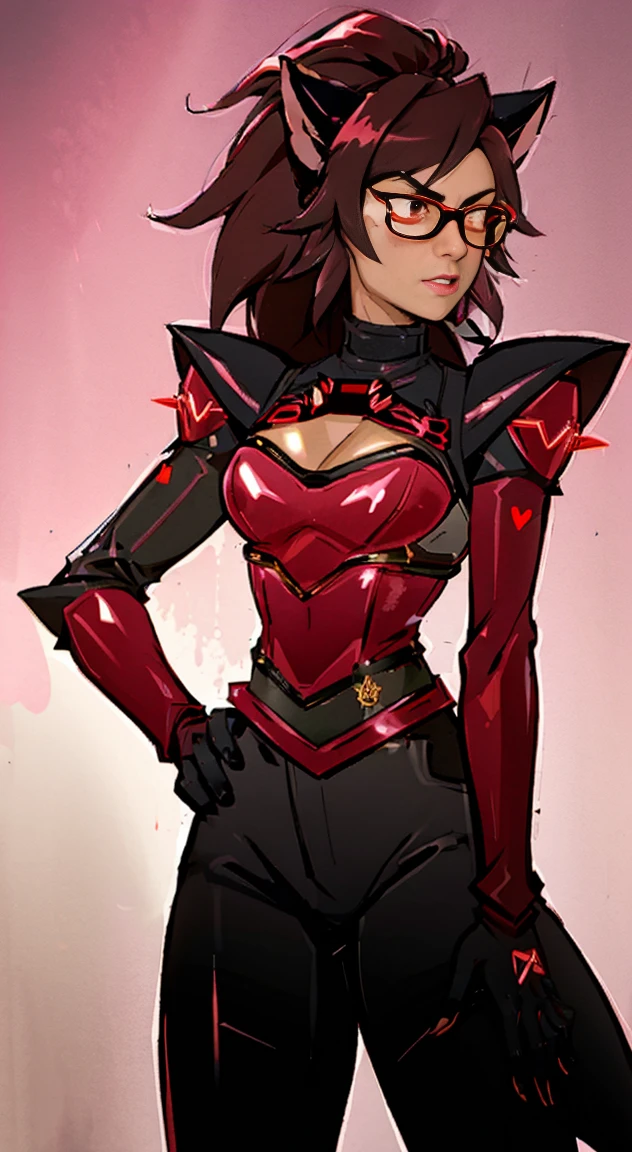 (Best quality, 4k, 8k, Ultra HD, High resolution, masterpiece:1.2), Catra as Mettaton, full spandex/latex attire (reds and blacks), neon lights, flawless makeup, happy singing pose, cat ears, fierce expression, long hair, simple greyscale background, sleek design, captivating stage presence, captivating red lipstick, confident stance, fashion model, anime glasses, anime tinted red shades, black latex pants, black latex corset, holding a large stage microphone, performance microphone, black microphone, singing stance, extremely tight corset, red bow tie around neck, medium nougat-skin color, heart-shaped silver belt buckle, long slick cat tail, thick armored metal belt, heart on armored red chestplate, long hair, brown hair, heavily armored black cuirass, chest encased in armor, black turtleneck armored, wide hips, brown hair, thick flowing brown hair,black undersuit, white mascot gloves, cuffed gloves