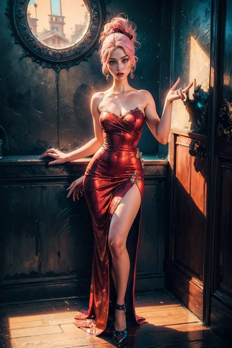  perfect face, perfect body, full body, perfect hand, good hand, good fingers, / colorful design , mythical, erotic, sunlight, glowing light,/ fatal seduction, erotic pose, look at far away ,/ big eyes, nice girl, red lips, light pink dress 