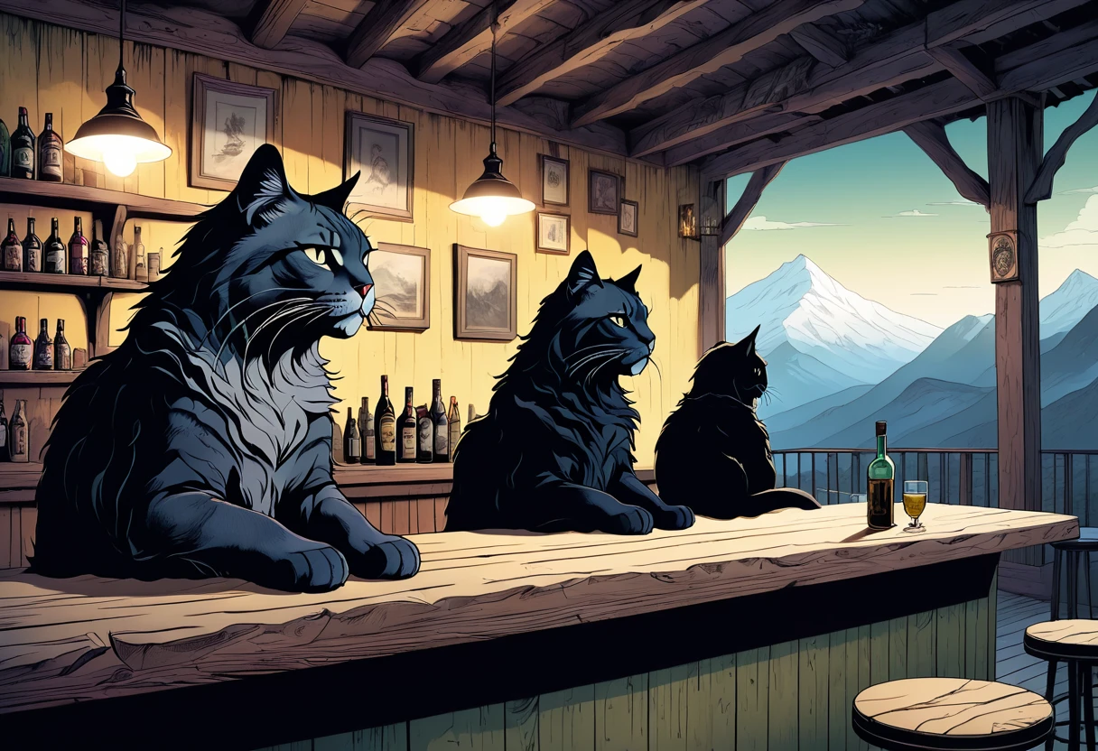 a monstrous mountain cat, 3 mountain cat gentlemen sitting at the bar counter in a remote mountain bar owned by the cat, extremely detailed, highly detailed, photorealistic, 8k, masterpiece, award winning, cinematic lighting, dramatic atmosphere, moody lighting, dark fantasy, supernatural, mystical, surreal, intricate details, lush environment, atmospheric, realistic textures, vivid colors, chiaroscuro, dramatic shadows, sense of mystery, sense of danger, unsettling, foreboding, ominous