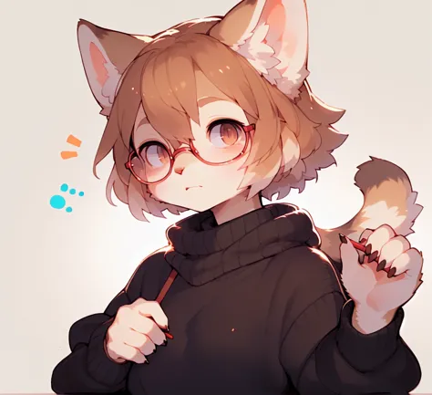 solo, anthro, feline, domestic cat, grey fur, grey body, brown hair, short hair, hair over eye, brown eyes, red glasses, sweater...