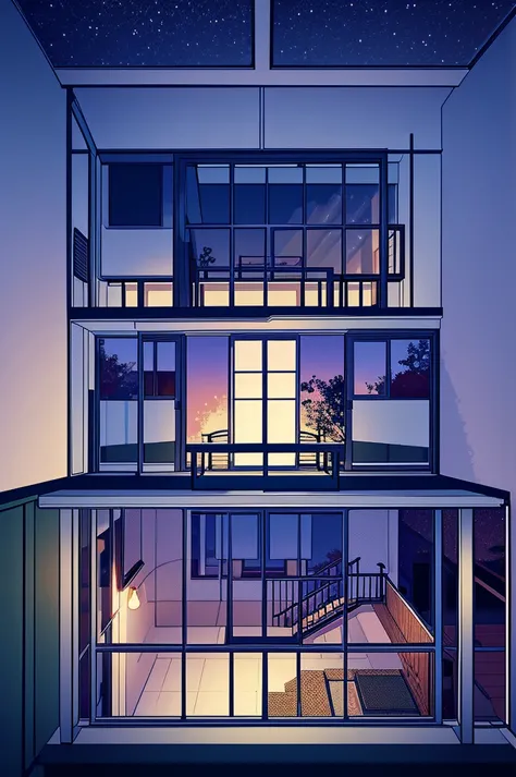 pixel art，third floor interior，night outside the window