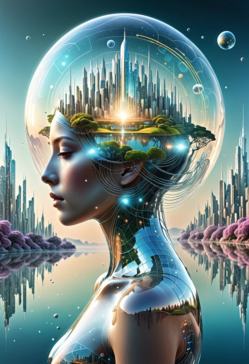 Transparent figure back，Visionary image of a future utopian world，（Multiple Exposure：1.8），Intricate illustration in surreal art style，surreal dreamscape，Future utopian world dream