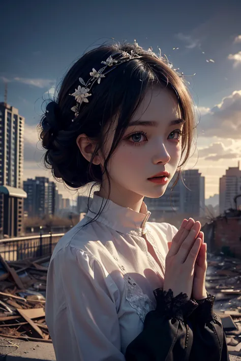Praying Girl, Abandoned City, Double Exposure