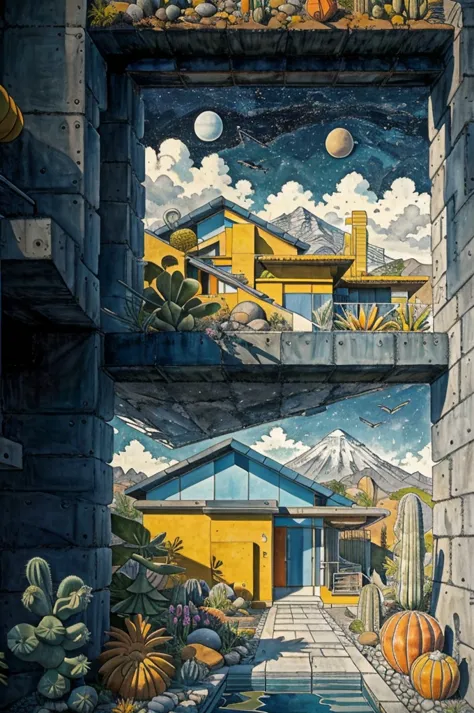 an illustration in collage style, with giant boulders, brutalist building sections, terraces, stairs, cacti, agave, concrete tex...