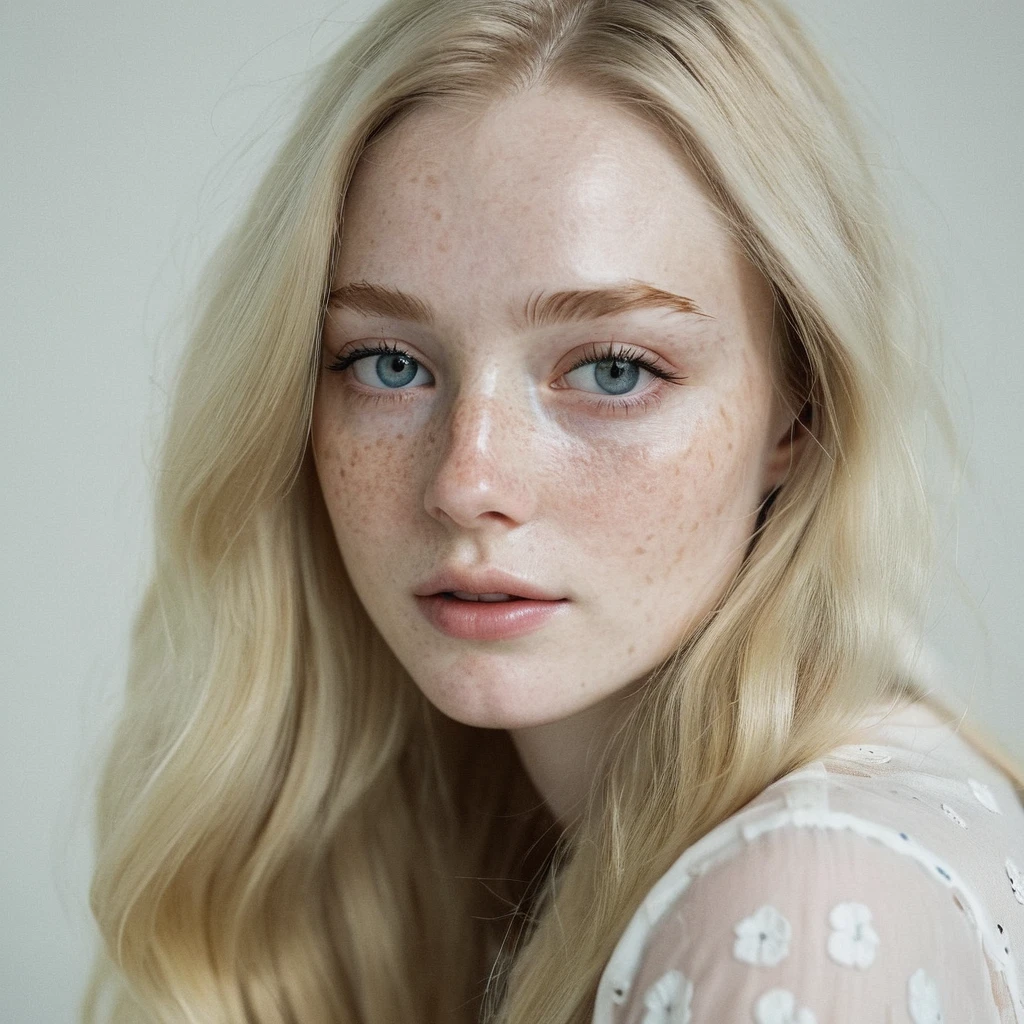 woman, pale skin and freckles, long blonde hair, seductive look