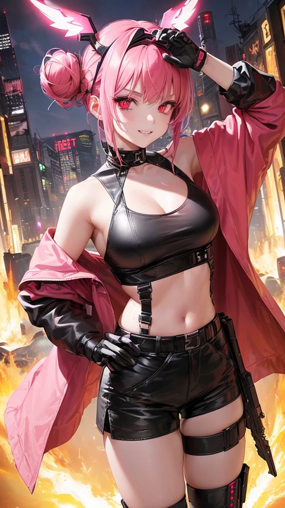 ltra-detailed, Girl, beautiful eyes, red eyes, , cute figure, cute face, smirk, scary smile, executioner, cyberpunk style goggles on head, sharp eyes, wild and daring, hair color is pink gradient with black accent on left side only, hair in bun , bob-cut bangs, dressed as a dystopian punk, large military design jacket, black shorts, thigh-high knee socks, boots, leather gloves with fingers cut off, chainsaw with pretty decorations on hand, pink cloth-clad hell's death squad in background Strong men, composition like a scene from a movie, 16K. a scene from a movie, 16K, top quality, masterpiece