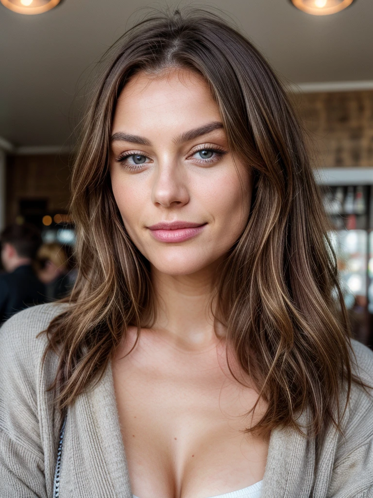 Belle brune aux reflets blonds portant un pull beige (dans un café en train de boire du soda), très détaillé, 22 ans, visage innocent, cheveux ondulés naturels, yeux bleus, haute résolution, chef-d&#39;œuvre, Meilleure qualité, détails complexes, très détaillé, mise au point nette, peau détaillée, texture de peau réaliste, texture, yeux détaillés, professionnel, 4k, Sourire charmant, filmé sur Canon, 85 millimètres, faible profondeur de champ, Couleur Kodak Vision, corps parfaitement ajusté, extrêmement détaillé, photographier_\(ultra\), photoréaliste, Réaliste, Post-traitement, détails maximum, rugosité, vrai vie, ultra réaliste, photoréalisme, photographie, 8k euh, photographie