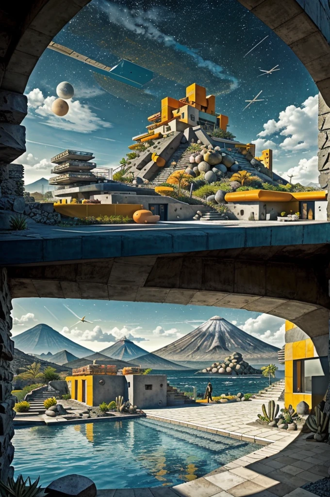 An illustration in collage style, with giant boulders, brutalist building sections, terraces, stairs, cacti, agave, concrete texture, multiple geometric shapes, hatch and cross hatching, planet saturn, volcano, moon, Luis Barragán's architectural style build, milky way galaxy, violet, one motorcycle, An illustration in collage style, with giant boulders, brutalist building sections, stairs, cacti, agave, concrete texture, multiple geometric shapes, hatch and cross hatching, planet saturn, volcano, moon, Luis Barragán's architectural style build, reflective pool, terraces. An elegant and modern build, in top of big boulders, with terraces, materials concrete, wood, steel and crystal, various gardens with tropical vegetation, cacti and rocks, stairs, a pool. In middle of sea, a big wave near, sunset, mountains and a volcano in the horizont, cute islands around, illustration format, cute color palette, detailed, masterpiece, award-winning work, clouds, Illustration, a garden with abundant cacti, ((various organic sculptures)), ((big rocks)), (((multiple sections))), collage style, detailed, (((color palette (olive green), (Mustard orange), cool grey, ((blue)), black and white))), (((a lot Luis barragán's architecture style builds))) big clouds, volcano in horizon, stairs, in the desert. ((masterpiece, best quality)),illustration,ultra detailed 8k, ((Ori Toor visual style)),soviet, megabuildings, megastructures, buildings, organic steel sculpture