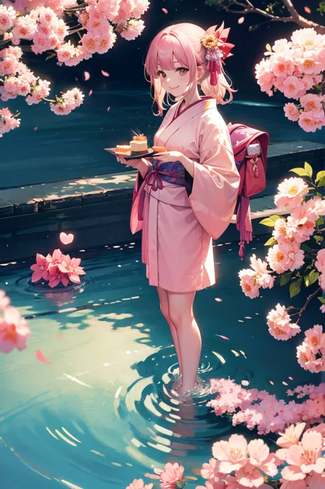 Pink kimono、20-year-old girl、Pound Cake、front, smile