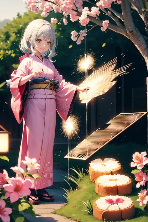 Pink kimono、20-year-old girl、Pound Cake、front, smile