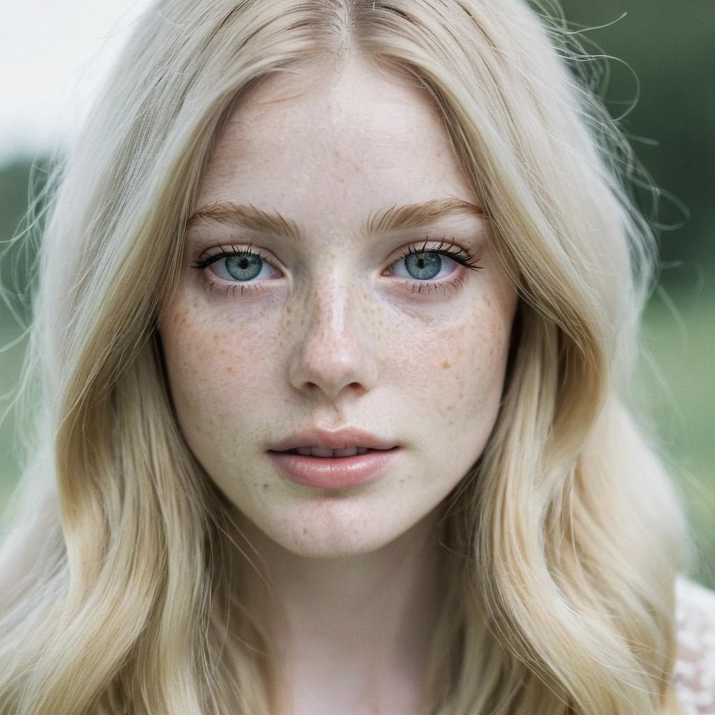 woman, pale skin and freckles, long blonde hair, seductive look