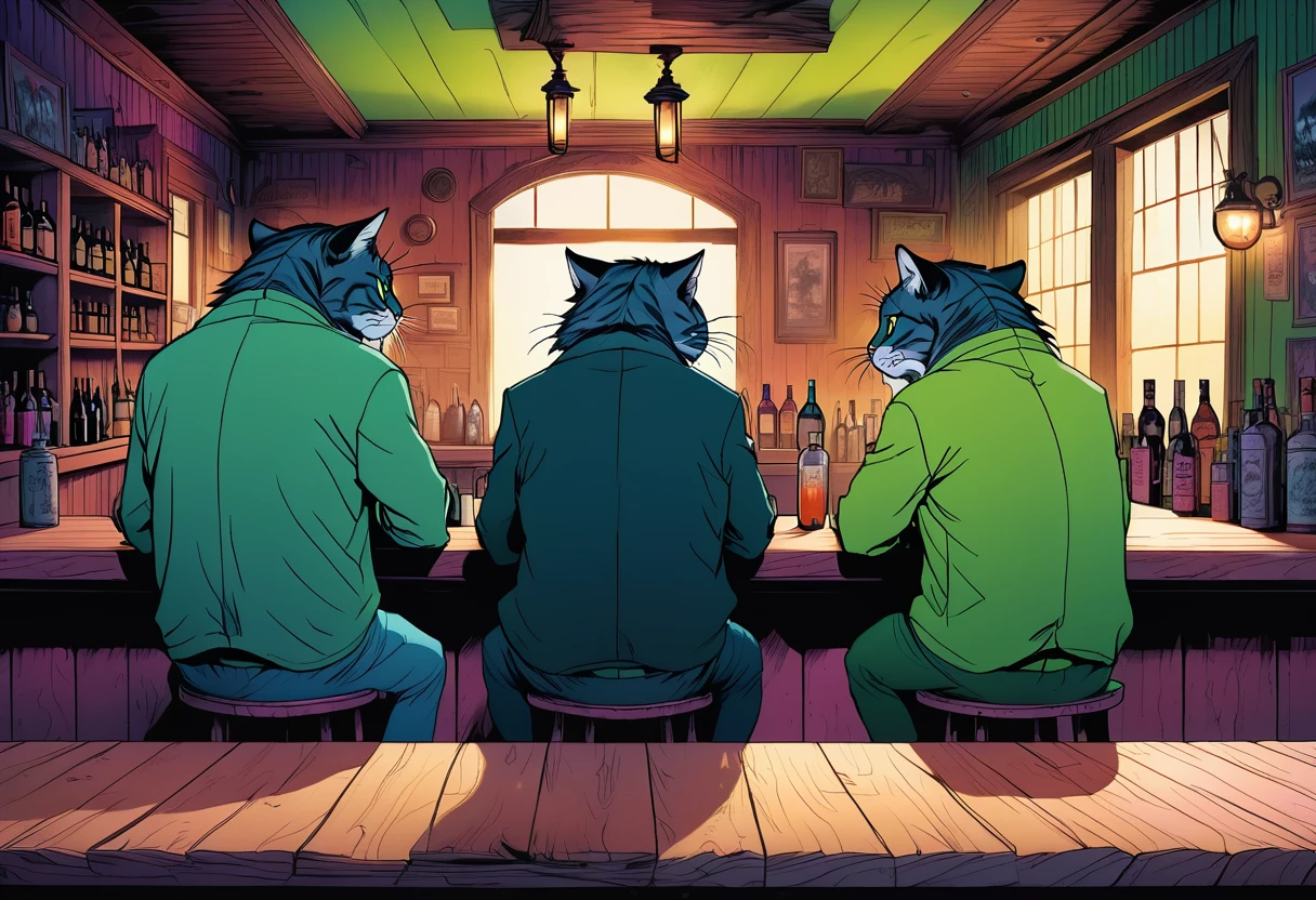 Monstrous Wildcat、Back view of three Wildcat gentlemen sitting at the bar in a remote mountain bar run by Wildcats、Wildcat bartender shaking a shaker、Very detailed、Very detailed、Photorealistic、8k、masterpiece、Award-winning、Cinematic lighting、Dramatic atmosphere、Moody lighting、Dark Fantasy、Supernatural、mysterious、Surreal、Intricate details、Lush green environment、Atmospheric、Realistic texture、Bright colors、Chiaroscuro、Dramatic Shadows、A mysterious feeling、Sense of danger、anxiety、an  ominous予感、an  ominous
